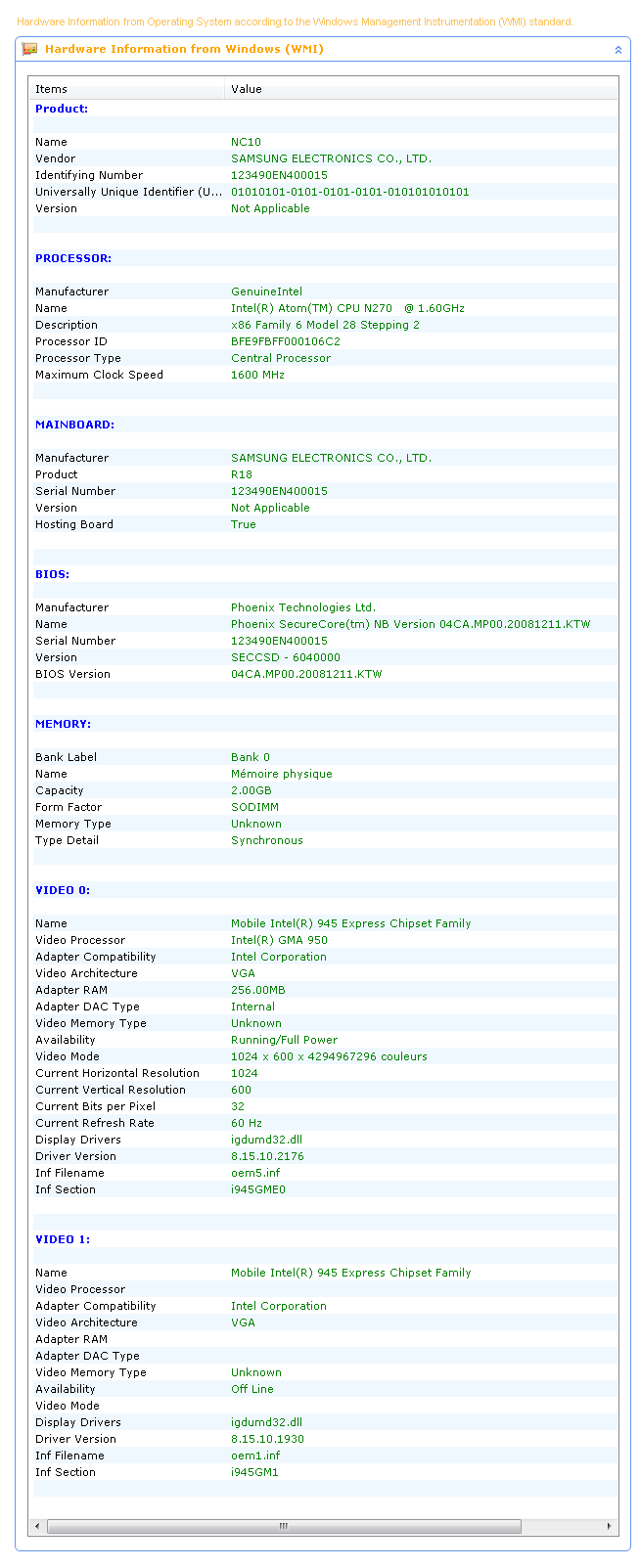 Samsung NC10 Computer WMI